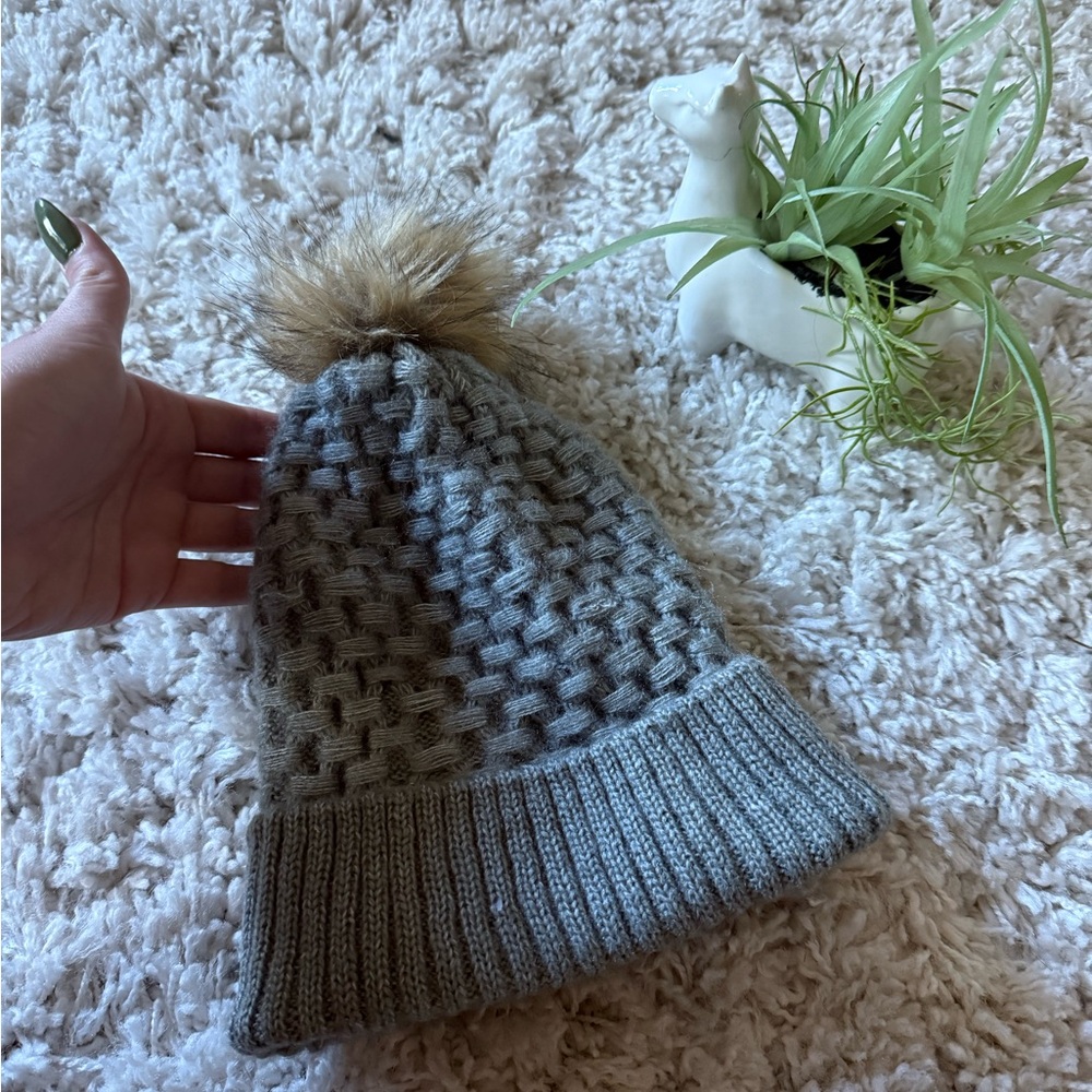 BCBGeneration Textured Gray Beanie with Brown Pom-Pom